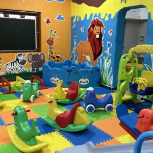 Bright preschool classroom setup with colorful furniture