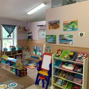 Organized toy storage setup in preschool classroom