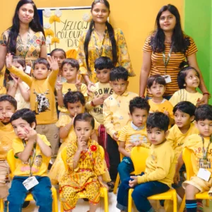 Preschool kids dressed in yellow participate in fun learning activities at BrainBunny Juniors Gurugram